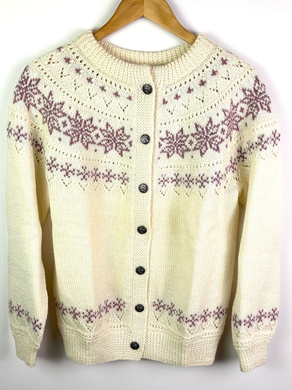 Dale of Norway 100% wool Cream and Mauve Nordic Button-Front Sweater size S